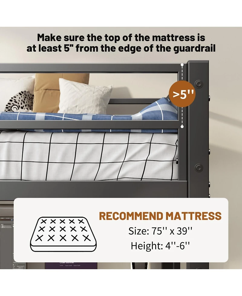 Streamdale Furniture Twin Loft Bed with Desk and Charging Station, Black