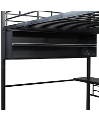 Streamdale Furniture Full Size Metal Loft Bed with Led Desk and 4 Storage Shelves Black