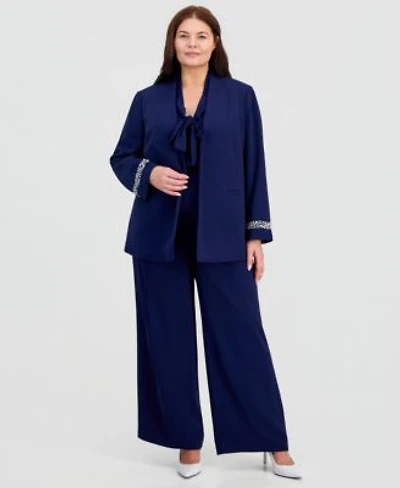 Kasper Plus Size Collarless Open Front Jacket High Rise Wide Leg Pull On Pants