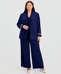 Kasper Plus Size Collarless Open Front Jacket High Rise Wide Leg Pull On Pants