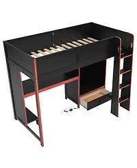 Streamdale Furniture Black Twin Gaming Loft Bed w/ Desk, Wardrobe & Led