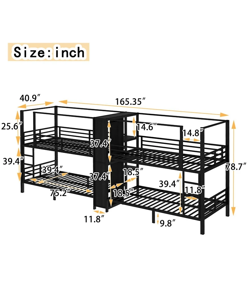 Streamdale Furniture Twin Quad Metal Bunk Bed w/ Storage & Wardrobe - Black