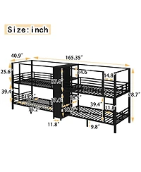 Streamdale Furniture Twin Quad Metal Bunk Bed w/ Storage & Wardrobe - Black