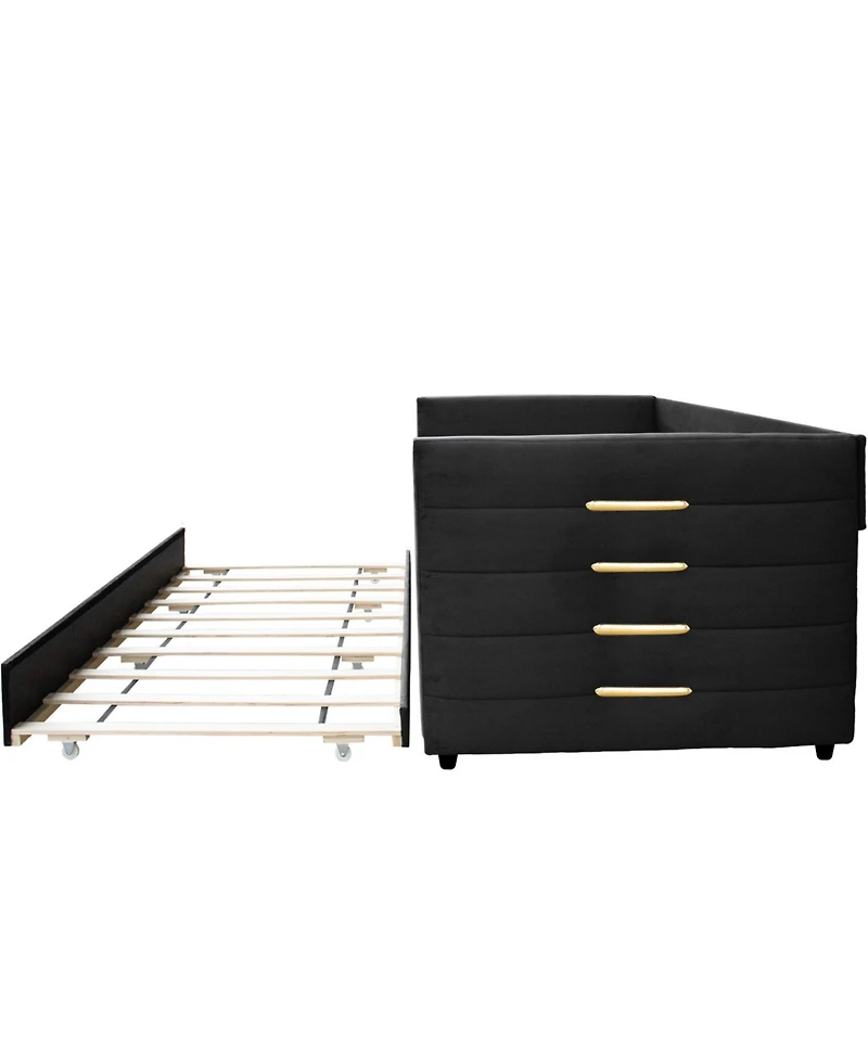 Streamdale Furniture Modern Twin Daybed with Trundle, Black Velvet & Gold Accents
