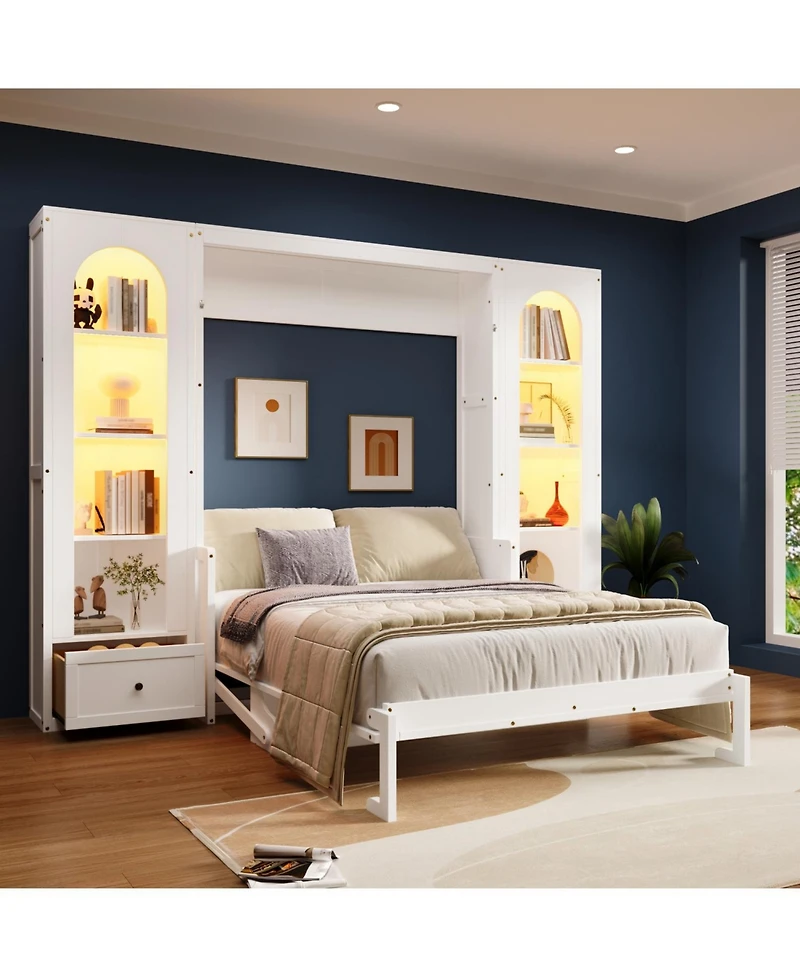 Streamdale Furniture Queen Size Murphy Platform Bed with Shelf, Side Cabinets, Drawers and Led, White