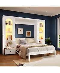 Streamdale Furniture Queen Size Murphy Platform Bed with Shelf, Side Cabinets, Drawers and Led, White