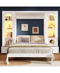 Streamdale Furniture Queen Size Murphy Platform Bed with Shelf, Side Cabinets, Drawers and Led, White