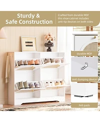 Streamdale Furniture Streamdale Mid-Century Narrow Shoe Cabinet - 4 Flip Drawers, Rattan Doors, Hooks