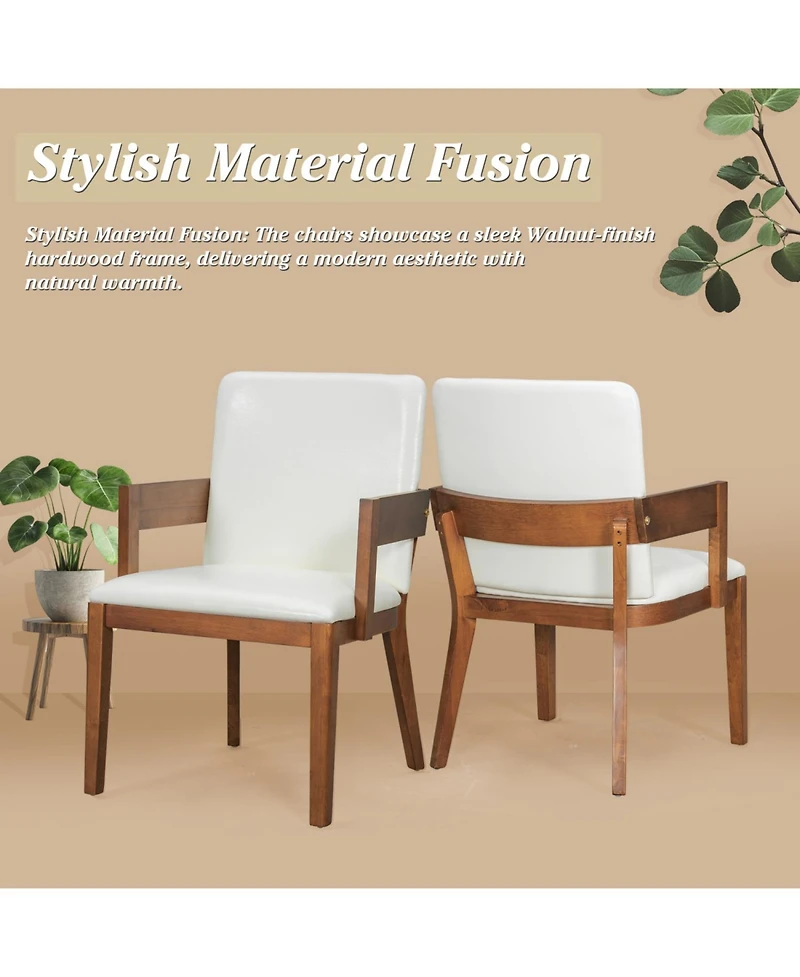 Streamdale Furniture Modern Walnut Wood & White Glossy Pu Leather Upholstered Dining Chairs Set of 2