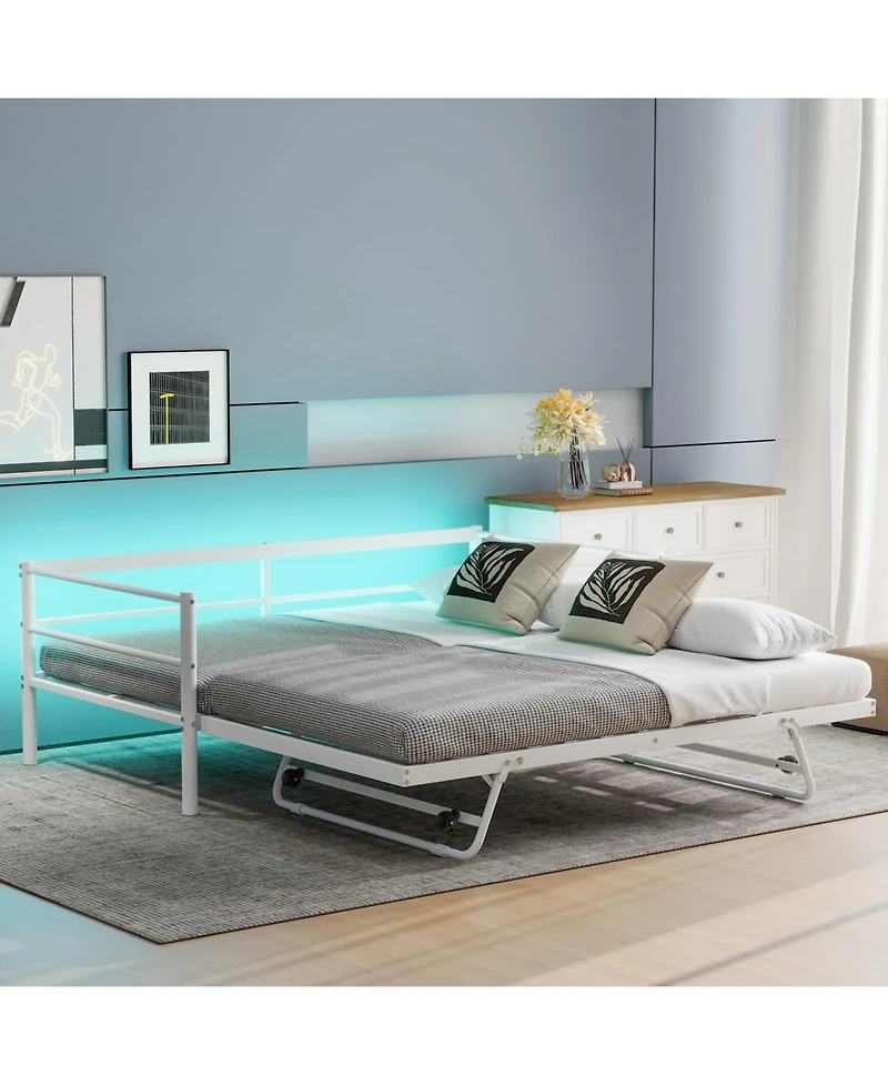Streamdale Furniture Twin Size Metal Daybed with Led and Adjustable Trundle, Pop Up Trundle