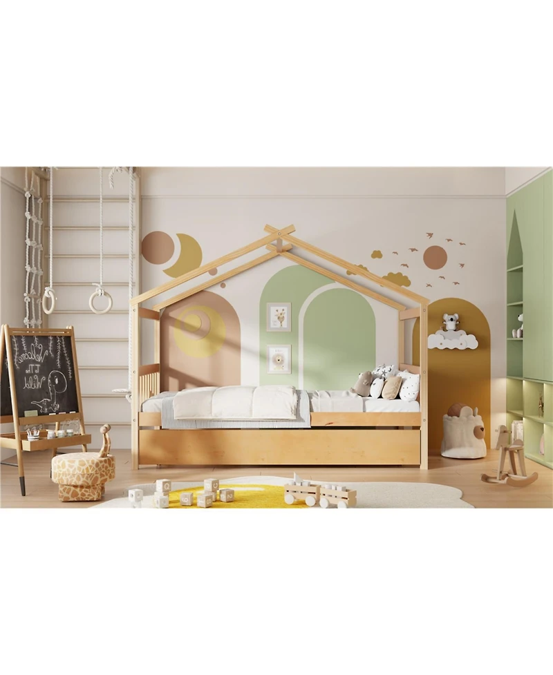 Streamdale Twin Wooden House Bed with Trundle, Gray