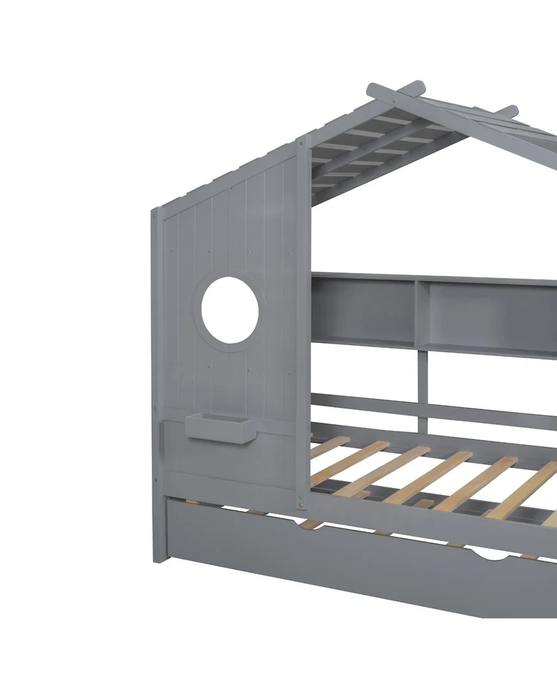 Streamdale Furniture Wooden Twin House Bed with Trundle & Shelf - Gray