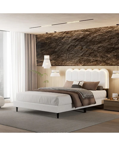 Streamdale Furniture Lambswool Cream Headboard Bed Frame w/ Light, Queen