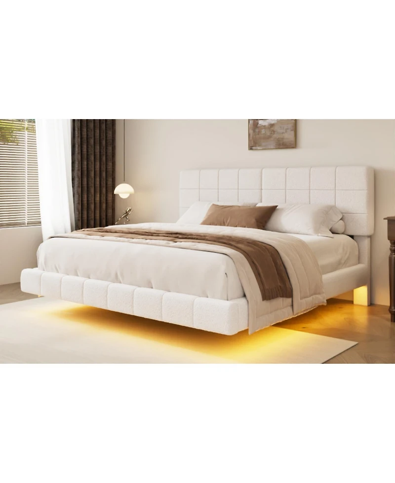 Streamdale Furniture White Boucle Floating Bed with Light,King