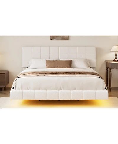 Streamdale Furniture White Boucle Floating Bed with Light,King