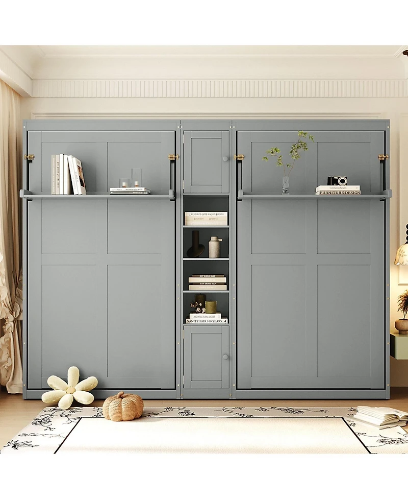 Streamdale Furniture Dual Twin size Wall Murphy Beds with Cabinets and Shelves