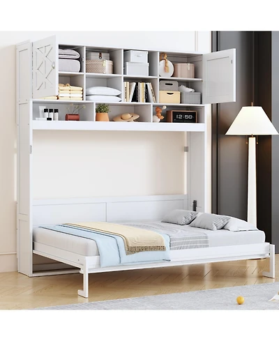Streamdale Furniture Queen Size Wall Murphy Bed with Ample Storage Space and Diamond Stripes, White
