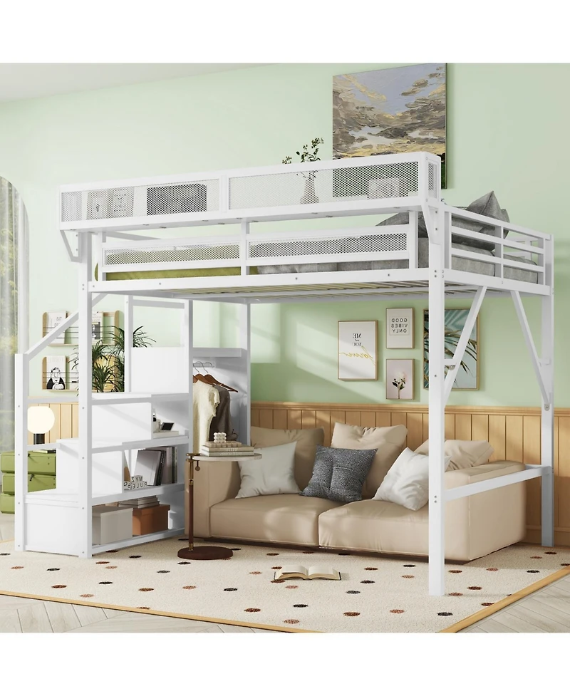 Streamdale Furniture Queen Loft Bed with Stairs, Metal, Storage, Wardrobe