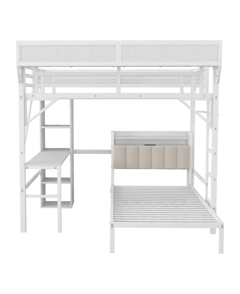 Streamdale Furniture Full/Twin Metal Bunk Bed w/ Desk, Bookshelves, Led, Charge - White