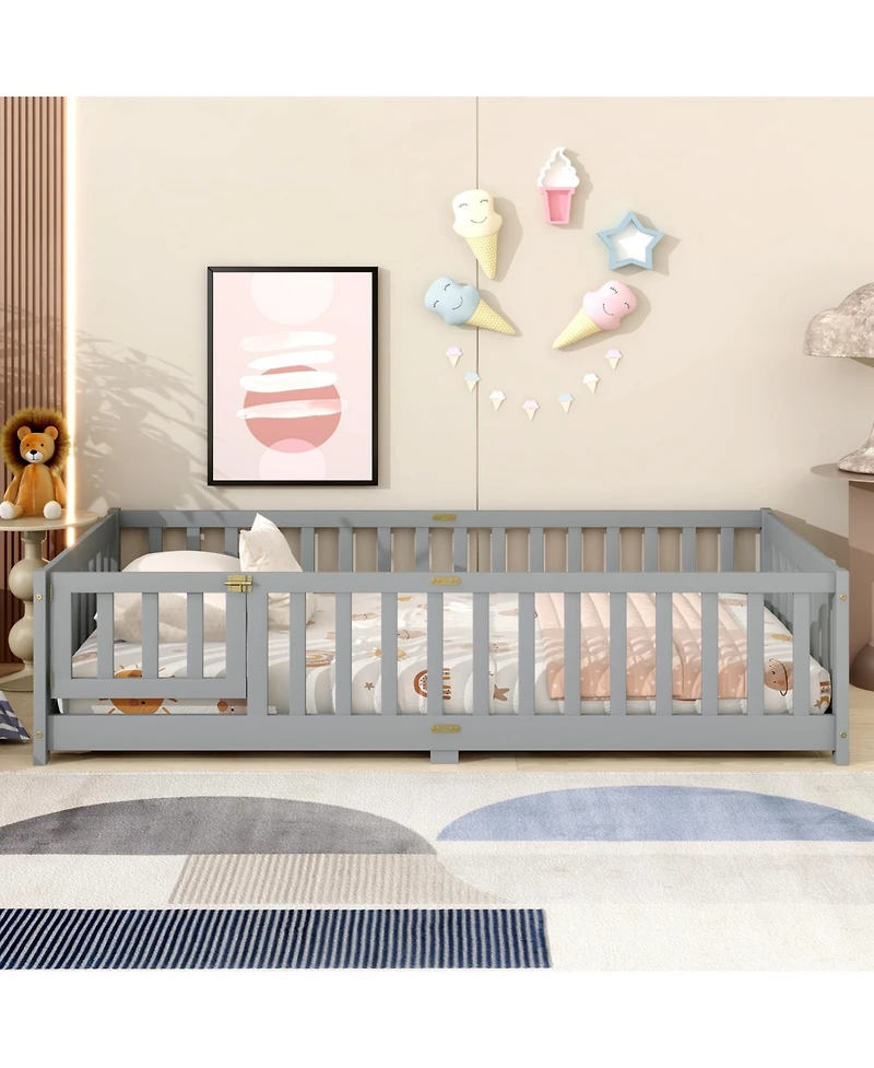 Streamdale Furniture Twin Floor Bed with Fence & Door, Grey