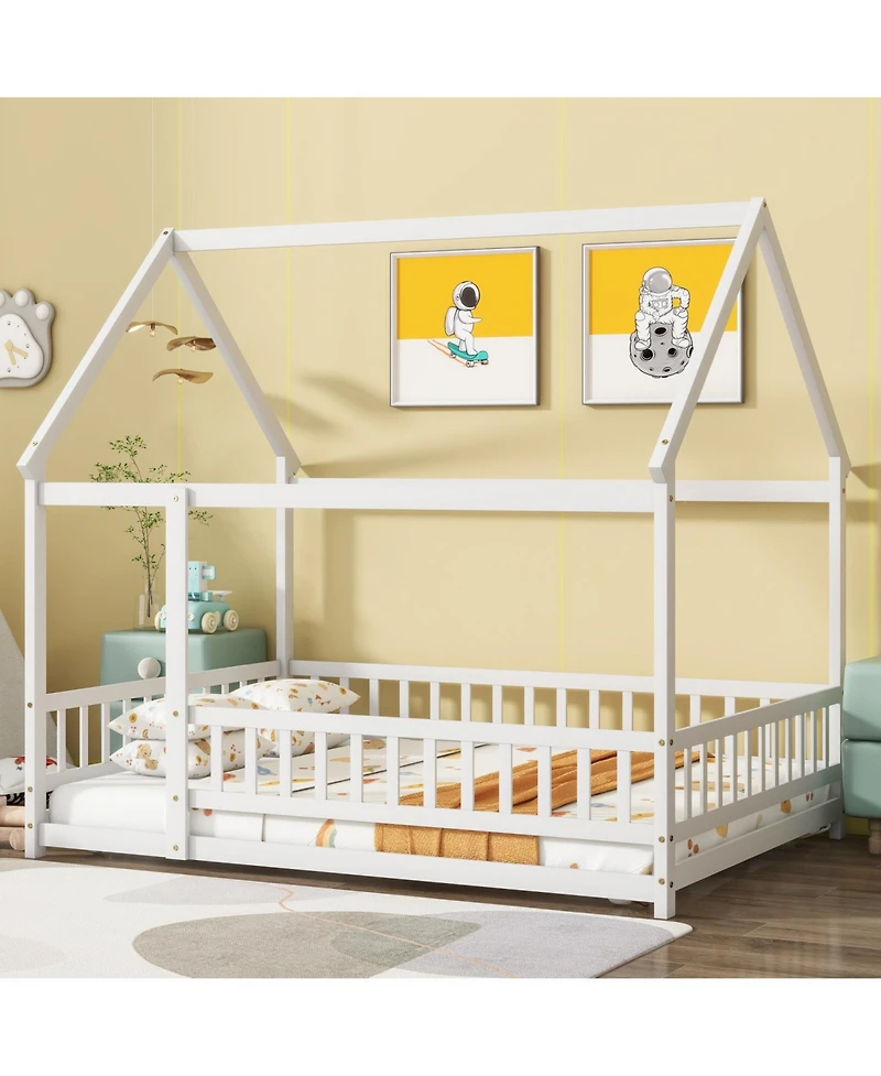 Streamdale Furniture Full Size House Floor Wooden Bed with Roof Frame, Safety Guardrails