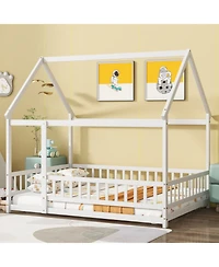 Streamdale Furniture Full Size House Floor Wooden Bed with Roof Frame, Safety Guardrails