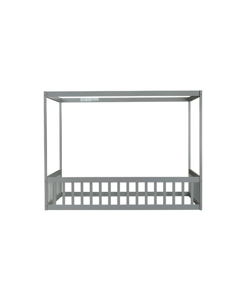 Streamdale Furniture Full Size Canopy Frame Rubber Wood Floor Bed with Fence,Guardrails