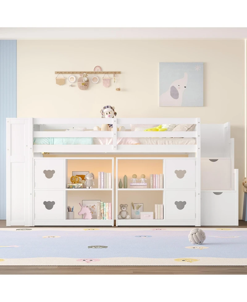 Streamdale Furniture Kids' Pine Loft Bed with Storage, Stairs & Led Lights