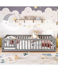 Streamdale Furniture Full Size Floor Bed with Guardrails and Door for Kids Gray