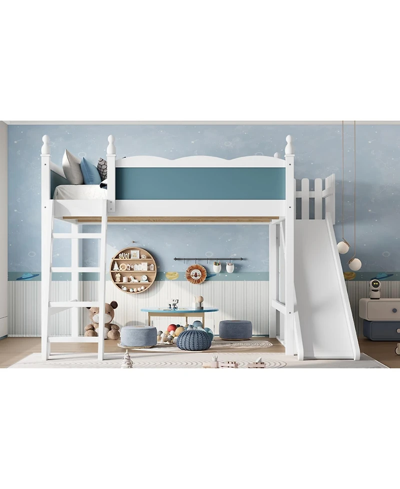Streamdale Furniture Queen Loft Bed with Storage Shelves, Cabinet, Slide & Ladder (Blue/White)