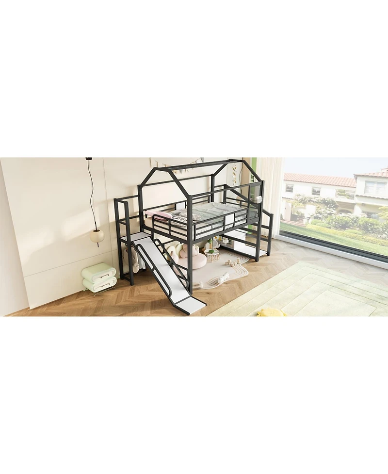 Streamdale Furniture Full House Loft Bed with Slide, Stairs, Storage, Black