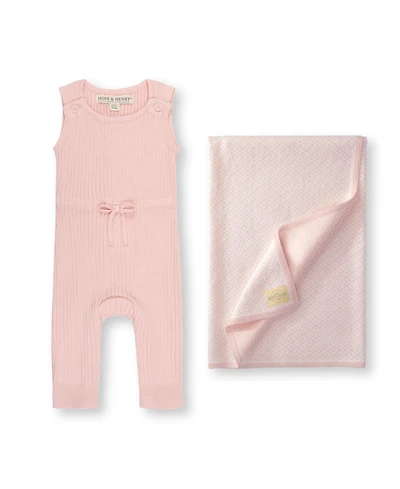 Hope & Henry Baby Girls Cinched Waist Romper Jacquard Blanket Gift Set