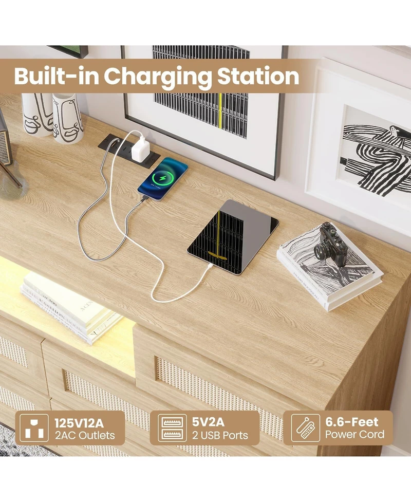 gaomon 6-Drawer Modern Rattan Dresser for Bedroom, Led Dresser with Charging Station, Tv Stand, Closet, Living Room, Hallway