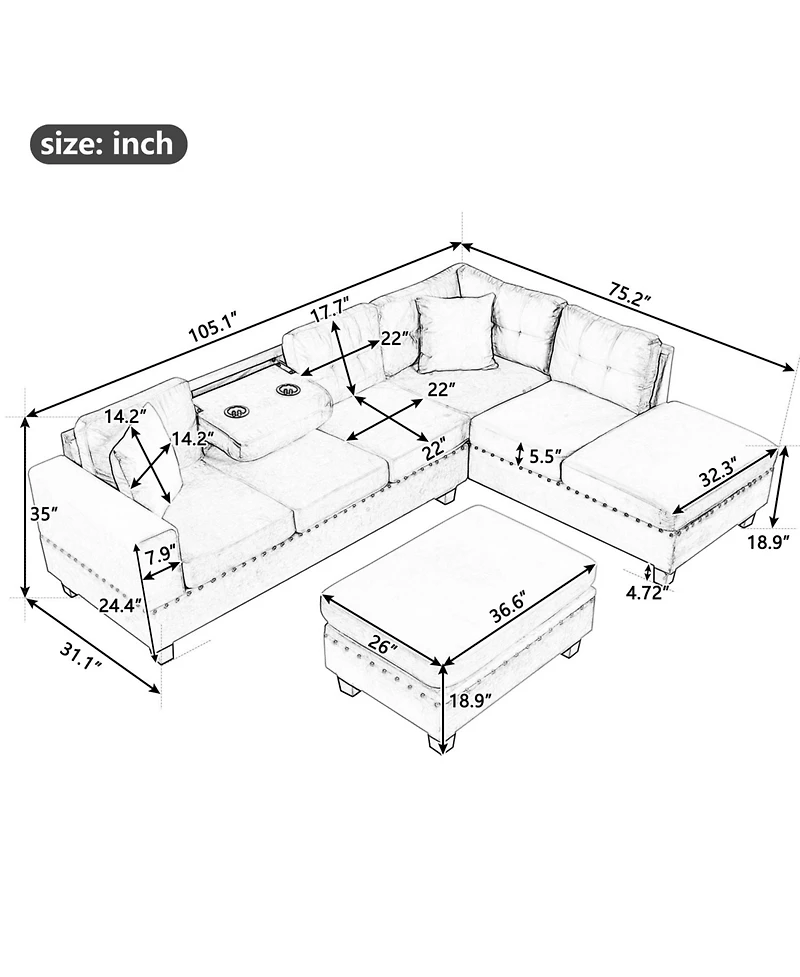 Streamdale Furniture Modern Sectional Sofa with Storage Ottoman Set