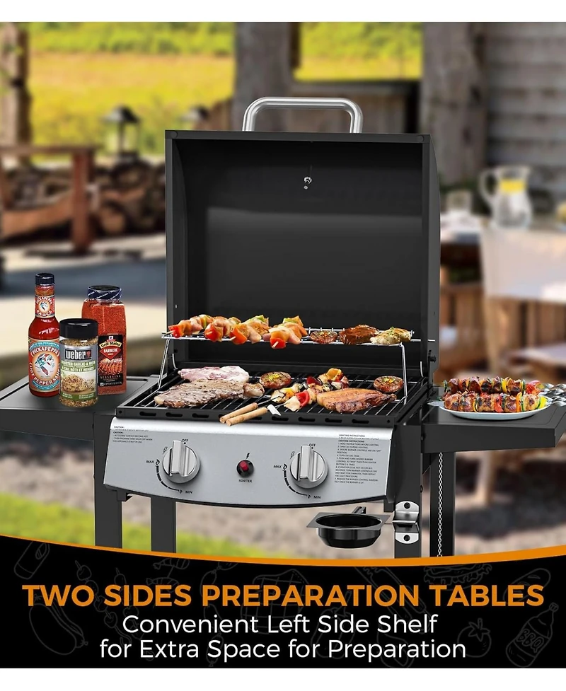 Cowsar 2-Burner Propane Gas Bbq Grill, 20,000 Btu Stainless Steel Grill with Side Shelves and Wheels, Portable Outdoor Grill