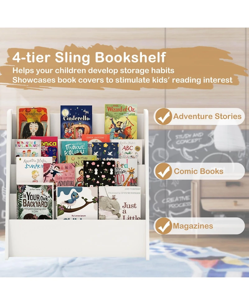 Costway 4-tier Kids Wooden Bookshelf Toddlers Book Rack with Deep Shelves