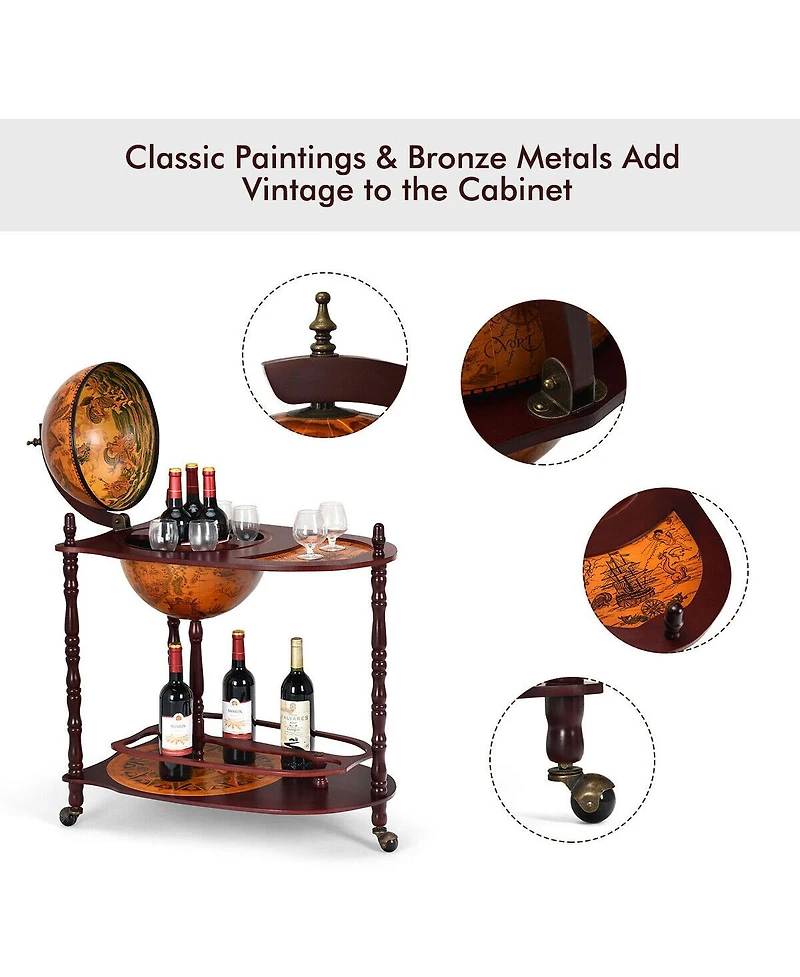 Costway Wood Globe Wine Bar Stand 34'' H 16th Century Italian Rack Liquor Bottle Shelf