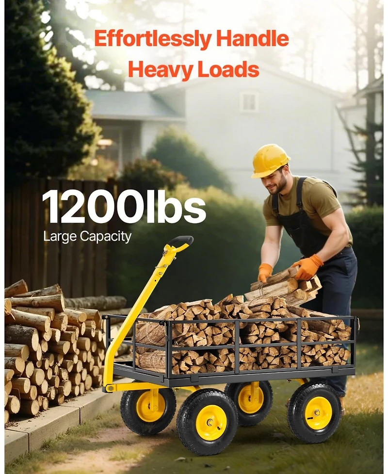 Sugift 1200 lb Heavy-Duty Steel Garden Cart with 13" All-Terrain Tires & Convertible Mesh Sides