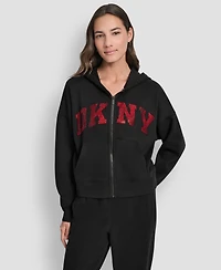 Dkny Women's Exploded Rhinestone Varsity Logo Full-Zip Hoodie