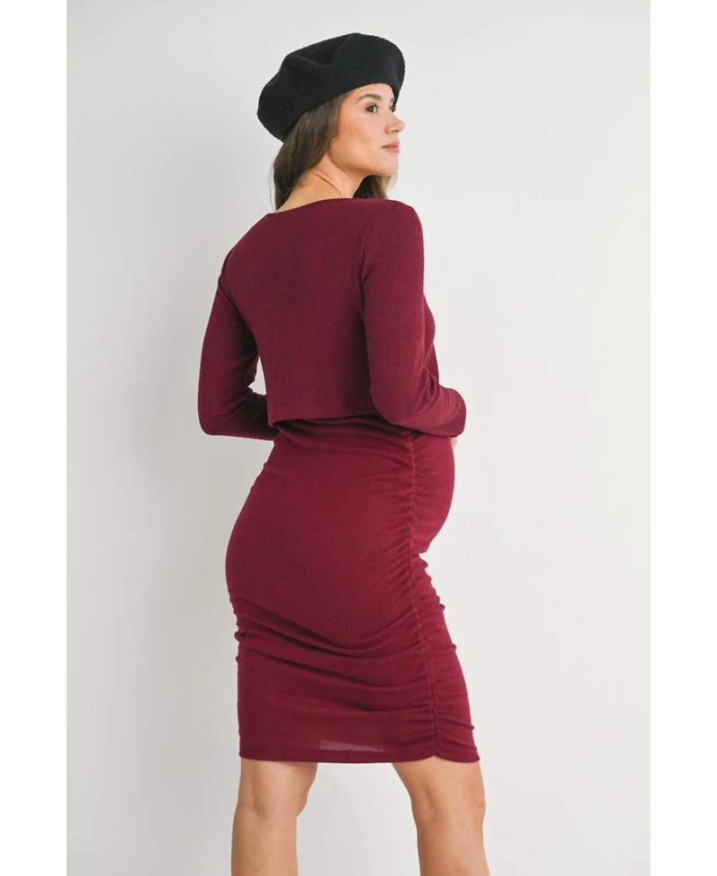 Hello Miz Maternity Long Sleeve Ribbed Side Ruched Nursing Dress