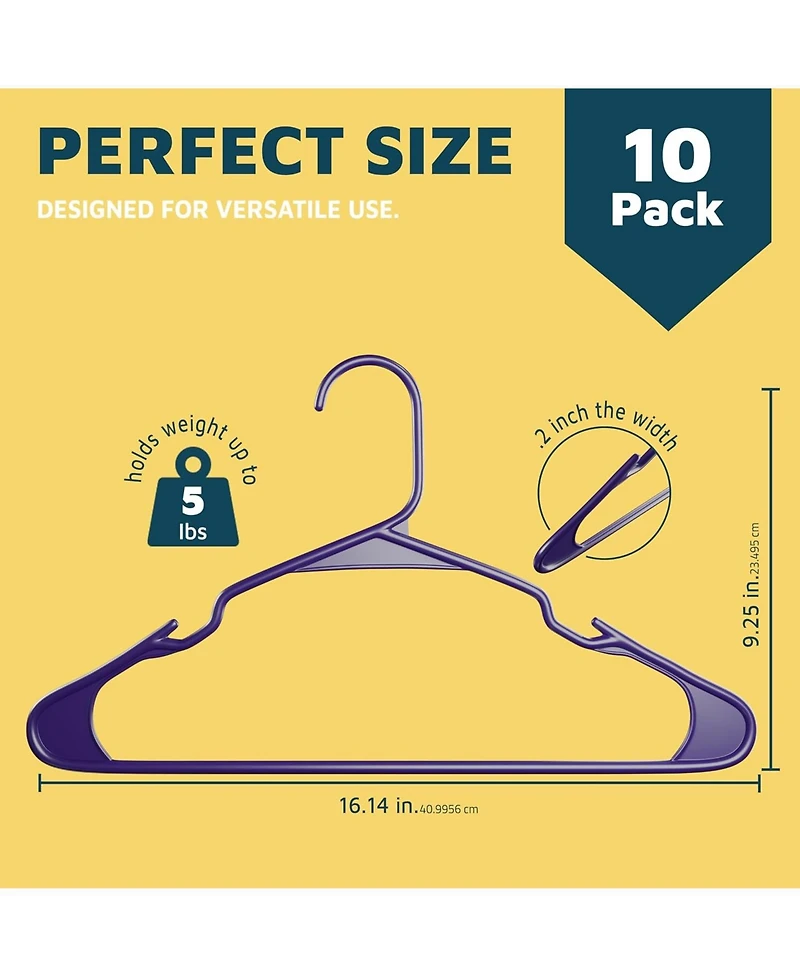 Lifemaster heavy-duty plastic hangers with non-slip grooves, space-saving design, and 5 lb capacity ideal for clothes $ dresses. Pack of 10, purple.