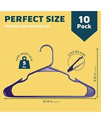 Lifemaster heavy-duty plastic hangers with non-slip grooves, space-saving design, and 5 lb capacity ideal for clothes $ dresses. Pack of 10, purple.