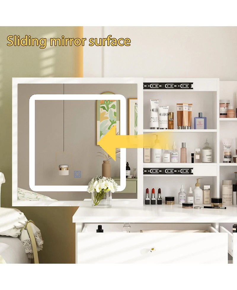 Famapy 5-Drawers White Makeup Vanity Sets Dressing Table Sets with Led Dimmable Mirror, Stool and 3-Tier Storage Shelves