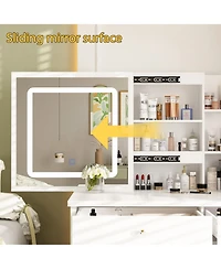 Famapy 5-Drawers White Makeup Vanity Sets Dressing Table Sets with Led Dimmable Mirror, Stool and 3-Tier Storage Shelves