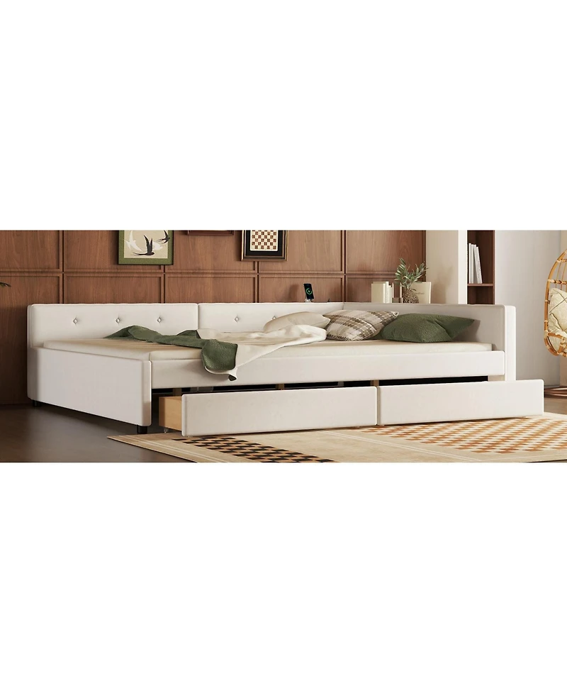 Lovmor Queen Size Upholstered Platform Bed with Usb and 2 Drawers Beige