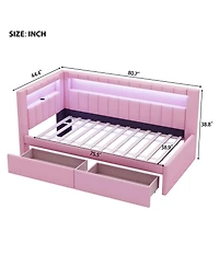 Lovmor Upholstered Twin Size Platform Bed with Usb Ports and Led Belt With 2 Drawers