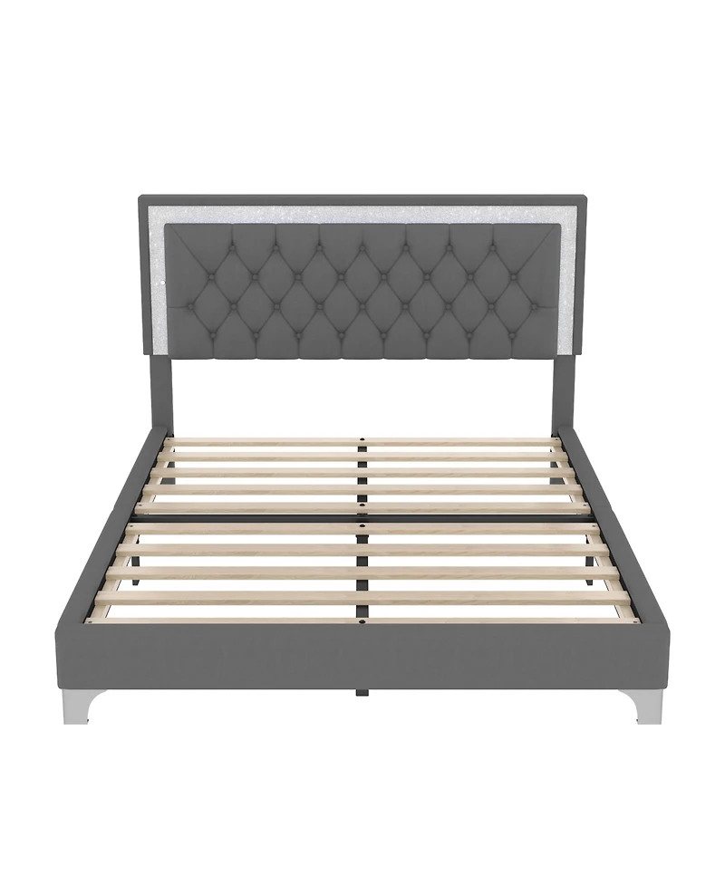 Lovmor Queen Size Upholstered Bed Frame with Led Lights Modern Velvet Platform Bed with Tufted Headboard