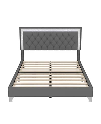 Lovmor Queen Size Upholstered Bed Frame with Led Lights Modern Velvet Platform Bed with Tufted Headboard