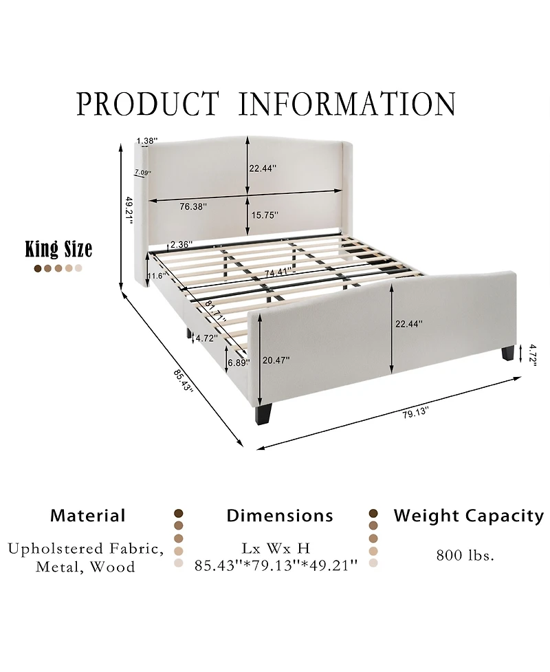 Lovmor King Size Bed Frame Teddy Velvet 12 Slat Support Solid Wood Feet No Box Spring Needed white