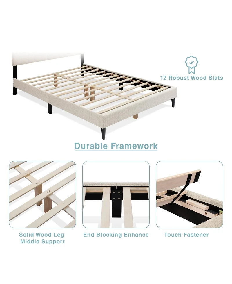 Lovmor Upholstered Queen Platform Bed Frame Tufted Channel Headboard Mid-Century Bedroom Furniture No Box Spring Required